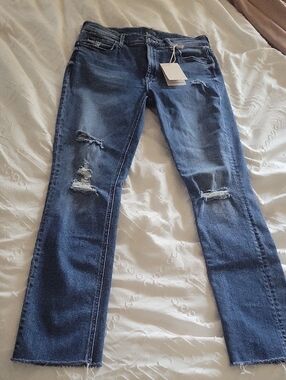MOTHER Dark Blue Distressed Straight-Leg Jeans